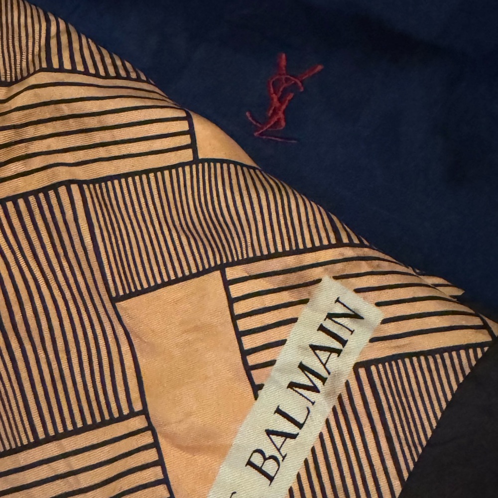 YSL Silk Scarf Navy / Dark Blue with Red Trim and Pierre Balmain